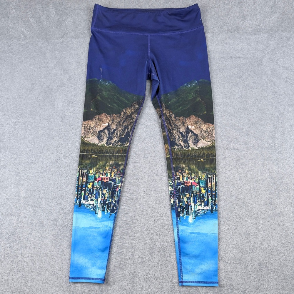 Alo Yoga Womens Blue Mountain Cityscape Print Activewear Leggings Size L